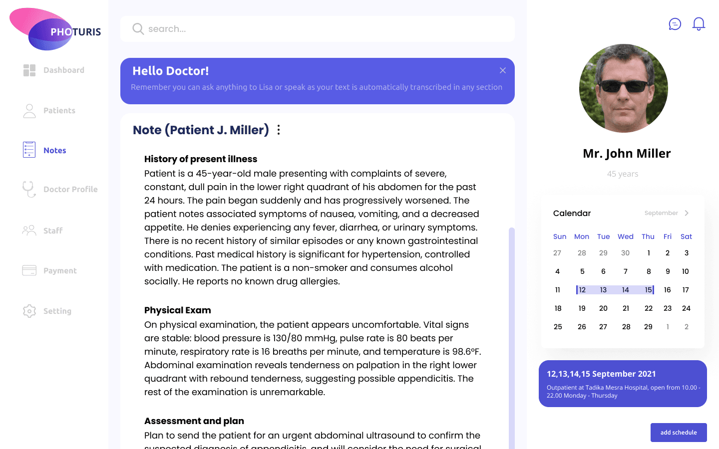 Photuris dashboard with patient notes and calendar