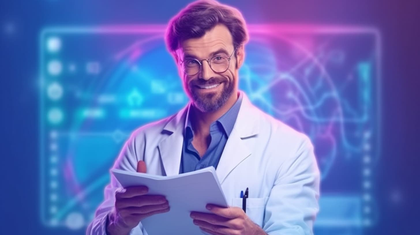 Physician reviewing notes on holographic interface